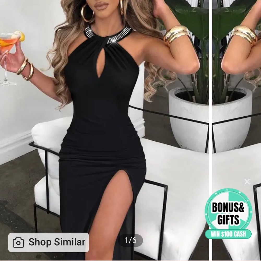 Rhinestone Decor Halter High Slit Dress nwot